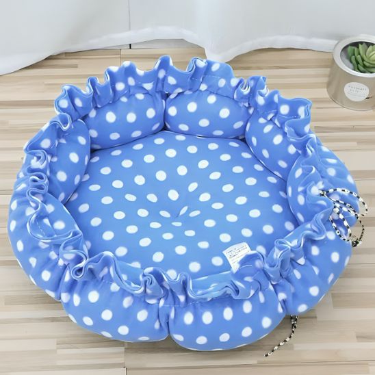 coussin chat nid bleu pois blanc